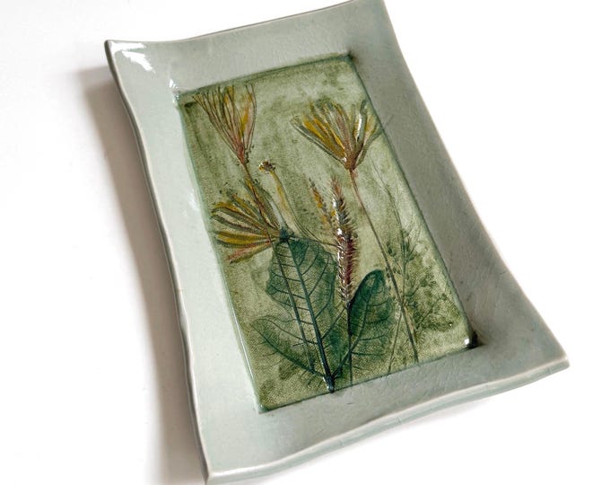 Vintage Leaf Studio Pottery Dish Etched Leaves Celadon Jade Green Glaze