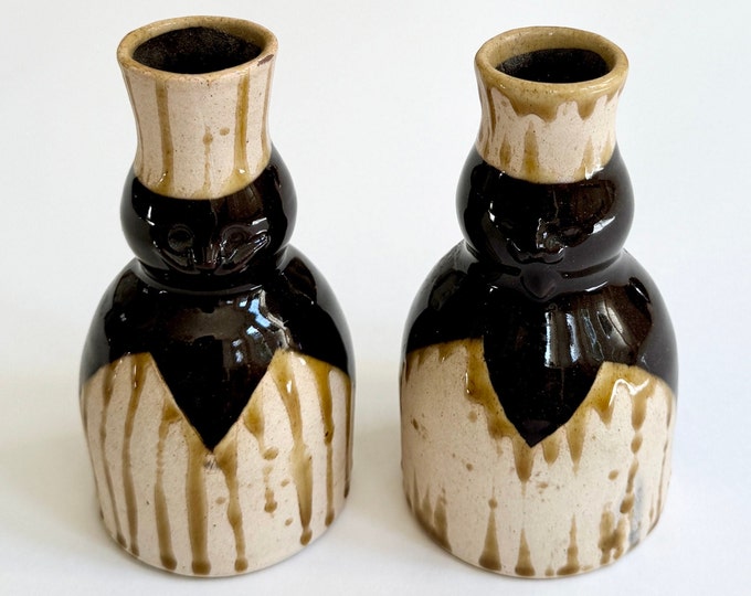Signed Woburn Pottery Pair of 2 Bud Vase Oil Vinegar Cruet Pot Vintage Handmade Studio Glazed Ceramic Neural Earth Tone Faces Drip Glaze