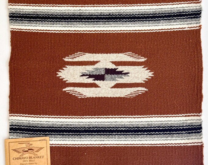 Vintage Handwoven Chimayo Weaving Mat Tabletop Size New Mexico Brown White Neutral Wool Fringe Tassel Ends Southwest Western Home Decor