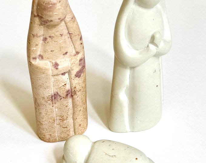 Sculptural Minimalist Nativity Set of 3 Pieces Vintage Mid Century Neutral Plaster Religious Holiday Christmas Decor Baby Jesus Mary Joseph
