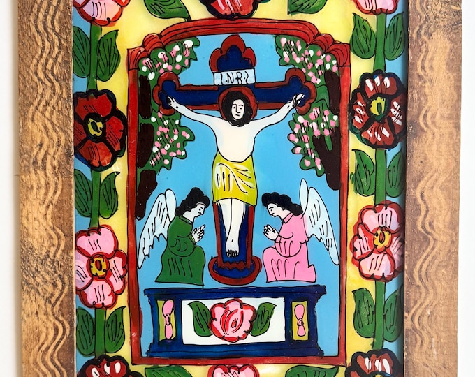 Vintage Reverse Glass Painting Eastern European Folk Art Religious Jesus on Cross Crucifix Angels Rustic Wooden Frame