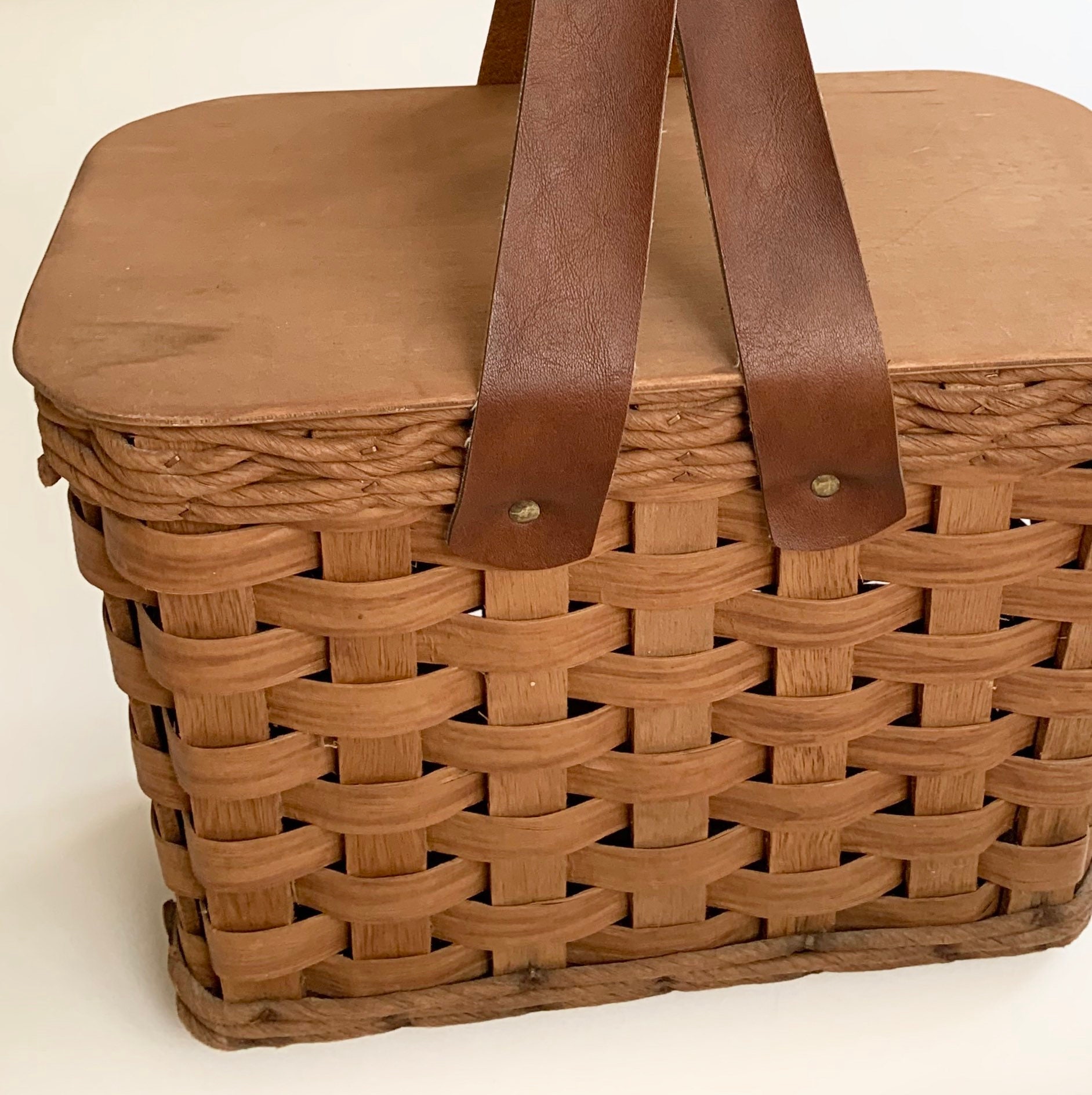 Vintage Wicker Picnic Basket Faux Leather Straps Removable Etsy
