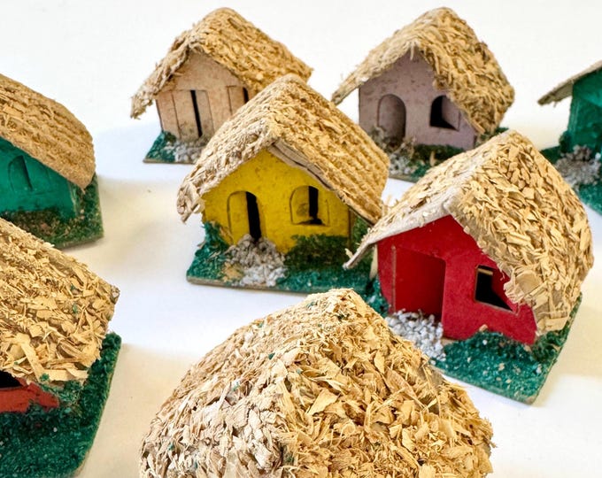 Vintage Christmas House Village Set Colored Paper Houses with Straw Roof