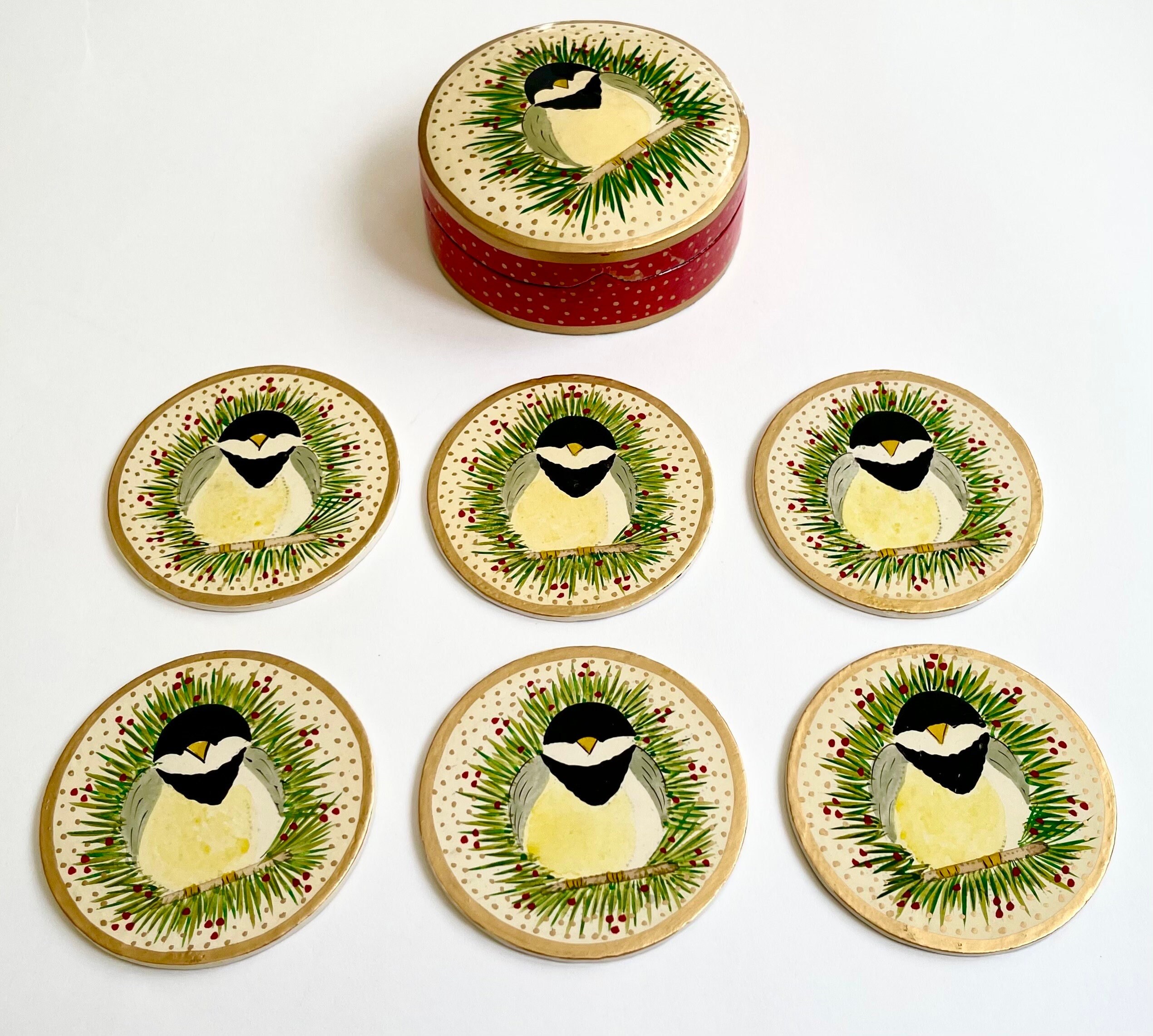 Kashmiri Lacquered Wood Coaster Set Vintage Kashmiri India Wooden