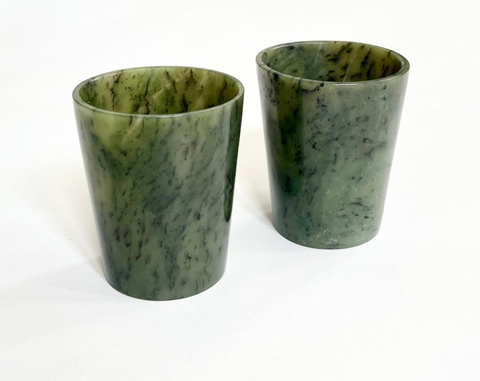 Ceremonial Jade Tea Cup Set Lot of 2 Teacups Chinese Tea Ceremony Solid Carved Green Stone Possibly Spinach Jade