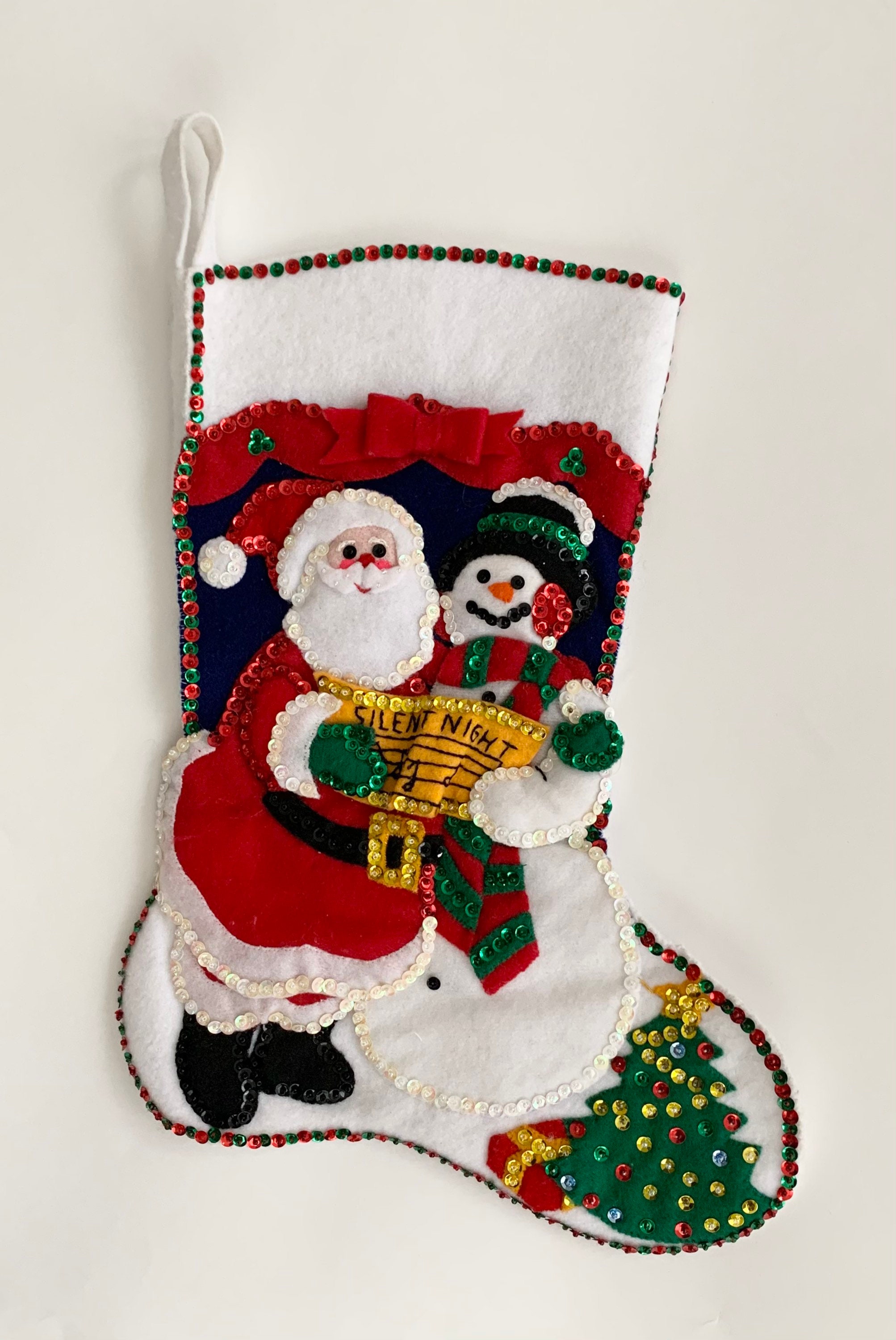 Vintage Handmade Felt Stocking White with Pieced Felt Sequin Details