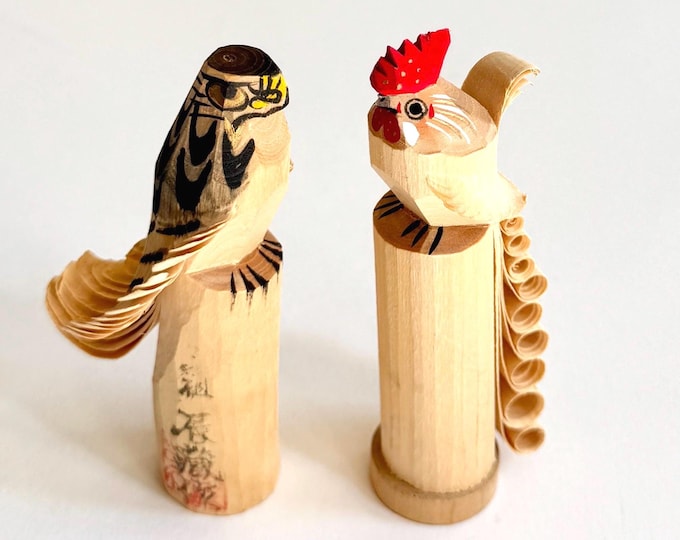 Japanese Sasano Ittobori Yamagata Wood Hawk Eagle Falcon Chicken Rooster Japan Artisan Hand Painted Hand Carved Wood Figure Figurine