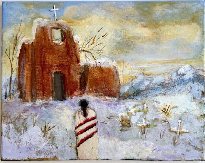 Southwest Church Cross Painting Vintage Southwest New Mexico Arizona Native American Snowy Desert Religious Horizontal Wall Art 11x14