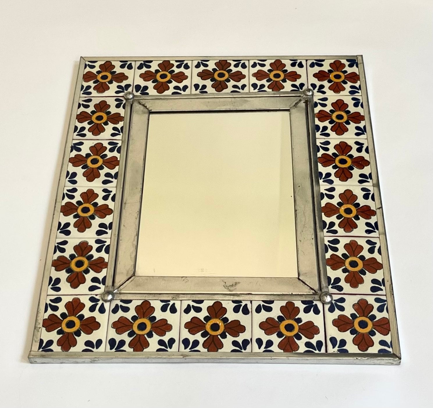 Mexican Tile Wall Mirror Vintage Mexico Folk Art Floral Tile Border Tin