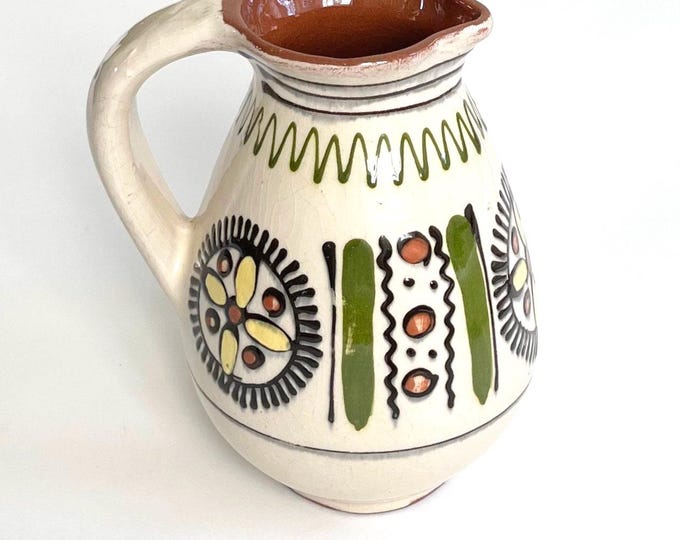 Mexican Ceramic Pottery Pitcher Vase Maker Marked Vintage Floral Flower Water Carafe Vase Planter Ethnic Mexican Folk 60s 70s Style