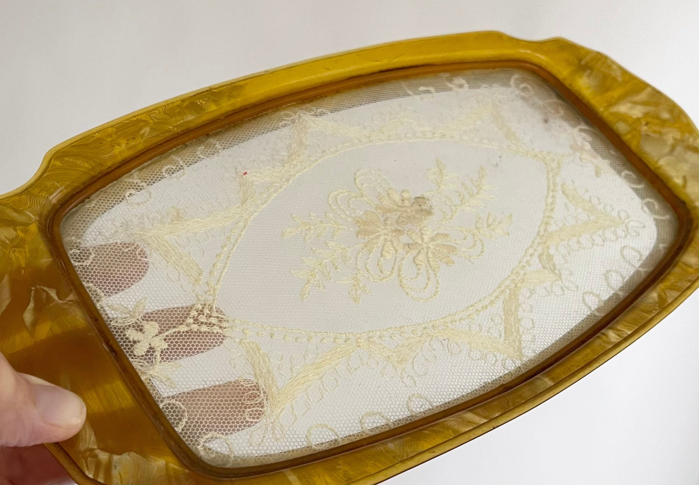 Victorian Lace Vanity Tray Vintage Lace Inside Of Glass Golden 