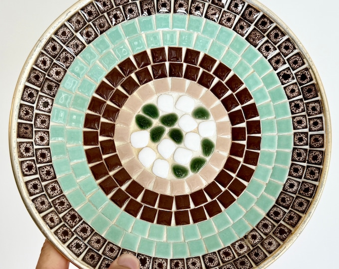 Tile Mosaic Dish Tray Mid Century Modern MCM Vintage 50s 60s Brown Aqua Green Tiles Round Circular Decorative Dish