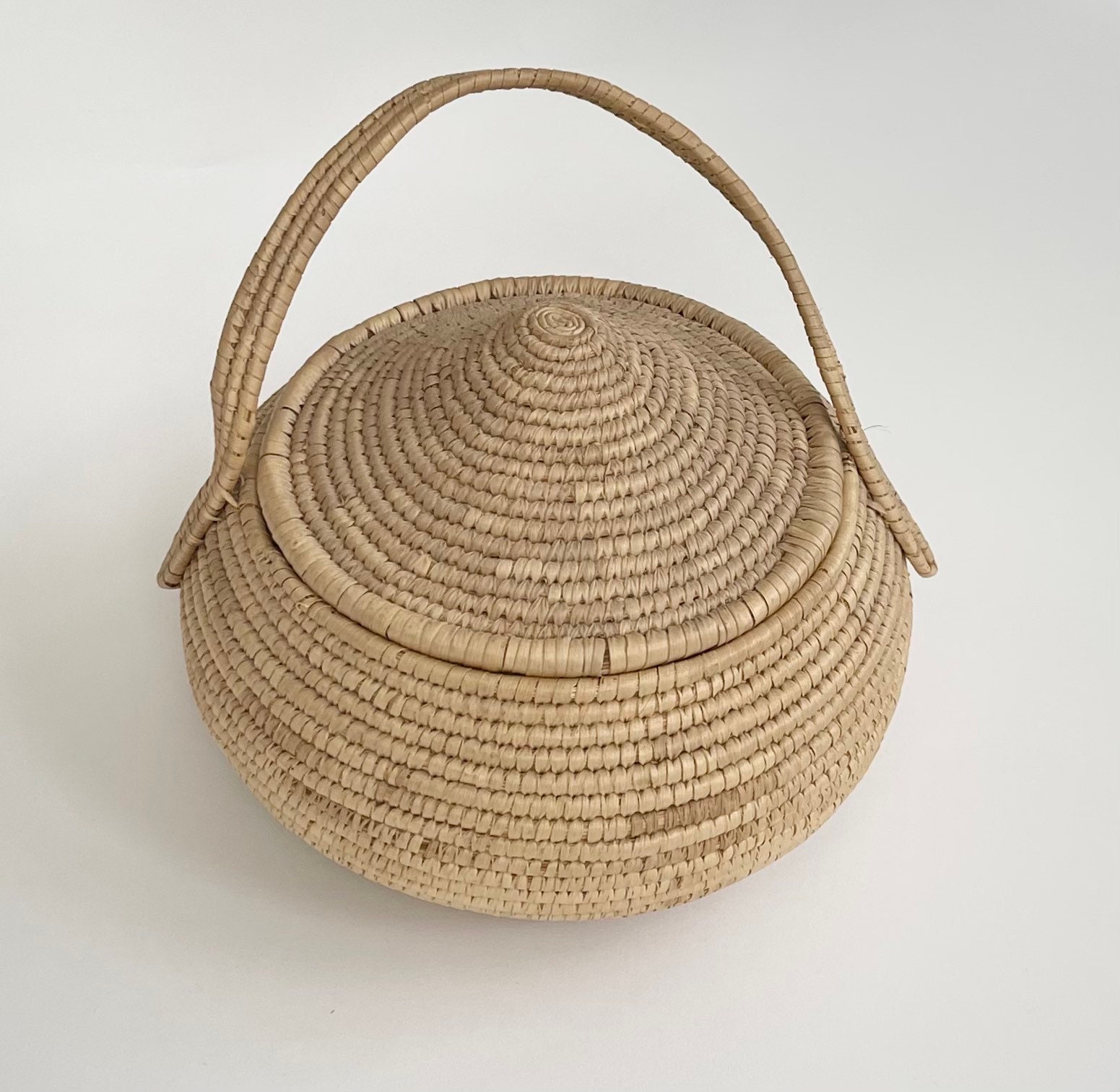 Vintage Coil Basket with Lid and Handle Round Circle Shape Artisan