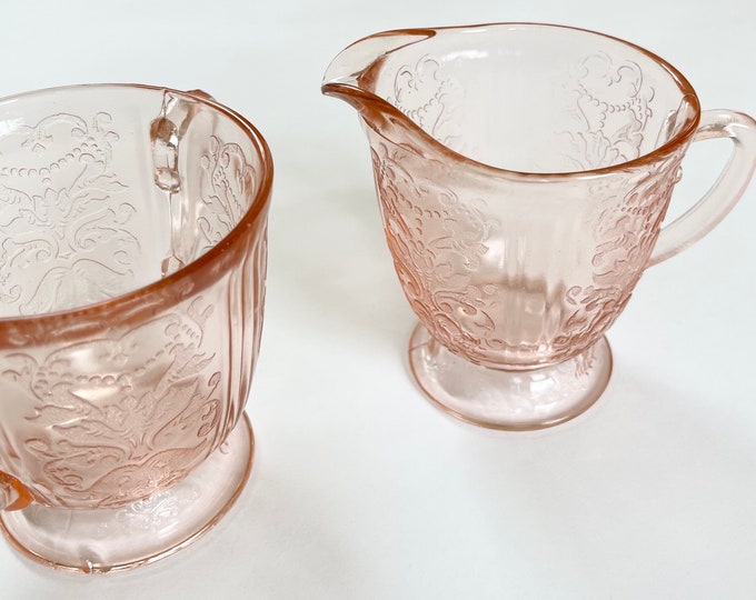Pink Depression Glass Creamer Sugar Bowl Set Vintage Pressed Glass Depressionware Vintage Pale Pink Floral Embossed Valentines Decor