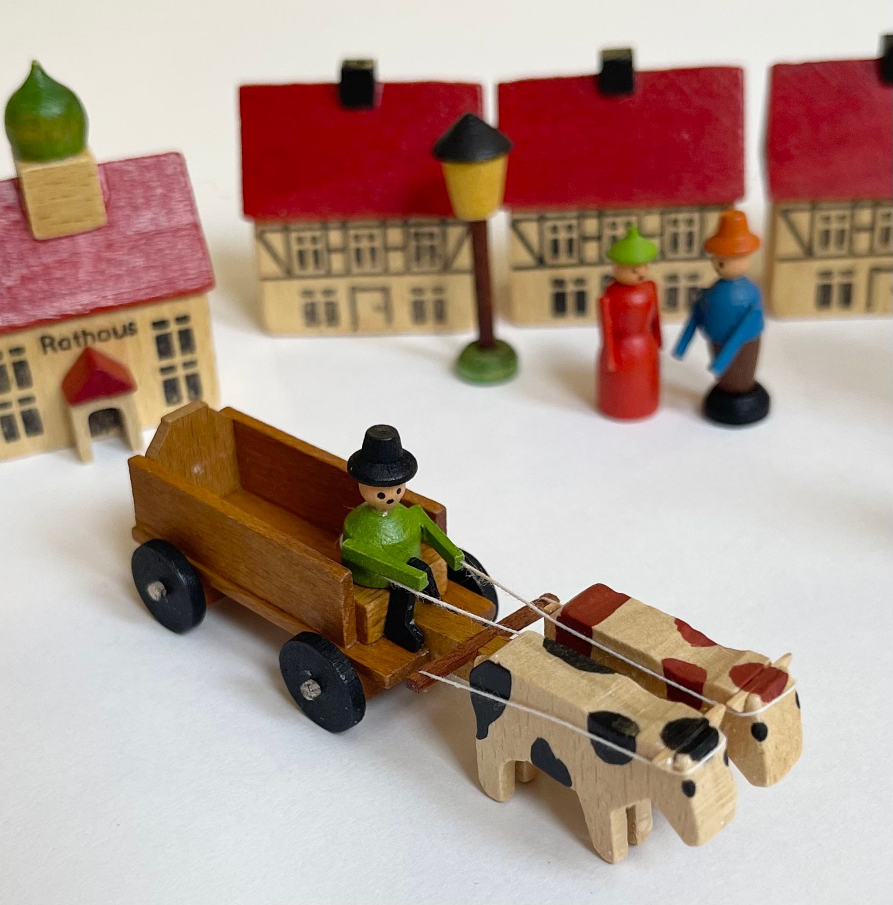 German Wooden Toy Set East Germany Original Box Wood Christmas Village Town People Animal