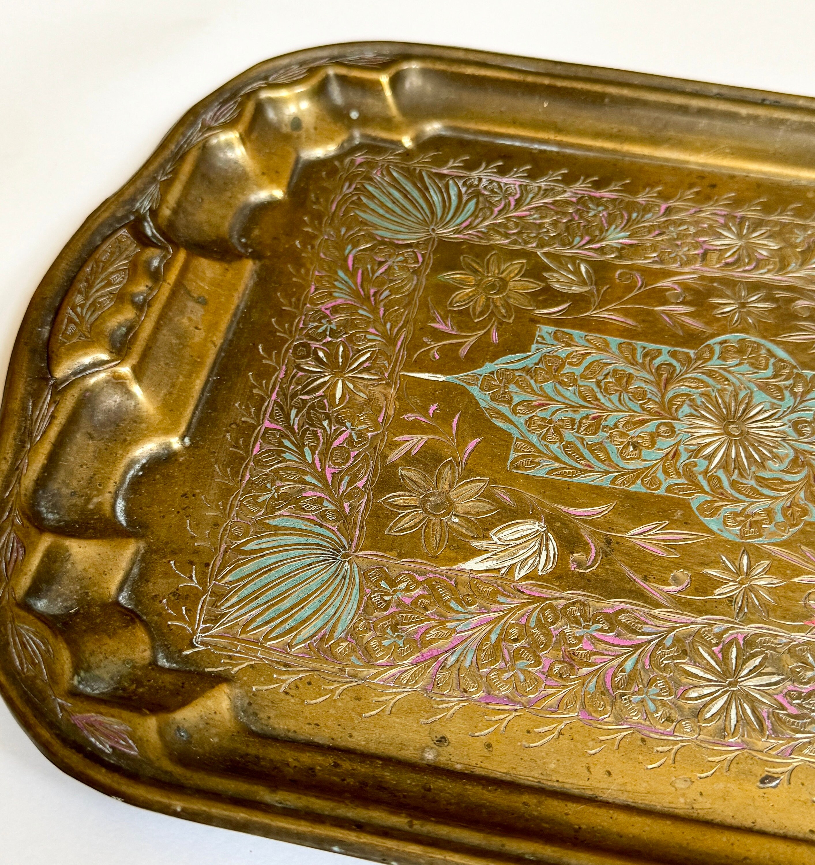 Etched Solid Brass Tray Vintage Mid Century 60s 70s Decorative Vanity ...