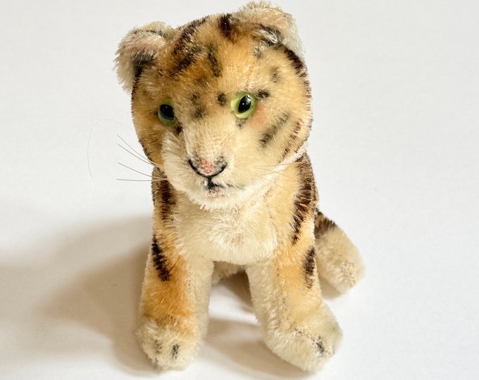 Vintage Mohair Tiger Cub Antique Collectible Stuffed Animal Dolls Soft Mohair Cat Feline Whiskers Green Glass Eyes
