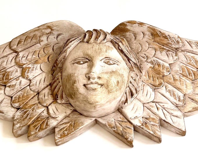 Signed Carved Wood Winged Angel Cherub Wall Hanging Religious Southwest Folk Art