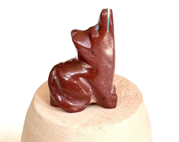 Signed Zuni Coyote Fetish Figurine Vintage Native American Hand Carved Stone Sitting Howling Coyote Turquoise Details Small Tiny Size