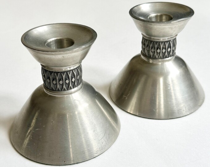 Mastad Norway Pewter Candlestick Holders Taper Candle Holder Vintage 50s Mid Century MCM Pair Set of 2 Scandinavian Minimalist Embossed