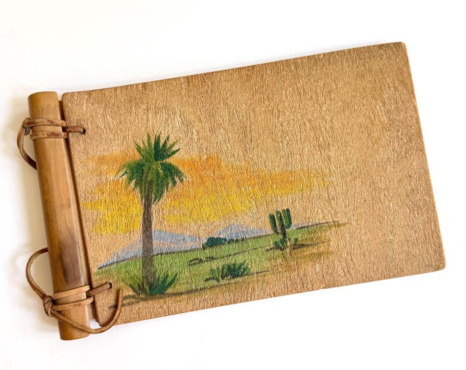 Vintage Desert Photo Album Book Yucca Plant Fiber Cover Western Southwest Hand Painted Desert Landcape Unused Vintage Travel Memoriabilia