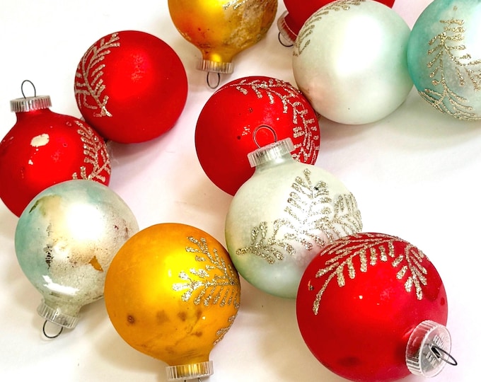 West Germany Ornament Lot of Ornament Lot of 13 Vintage Blue Gold Red Silver Colored Glass Bulbs with Glitter Christmas Tree Holiday Decor