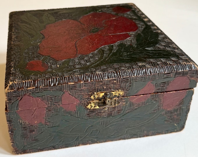 Antique Floral Wooden Box 1925 Date Golde Maker Stamp Hinged Wood Box Fabric Lining Trinket Jewelry Stash Box