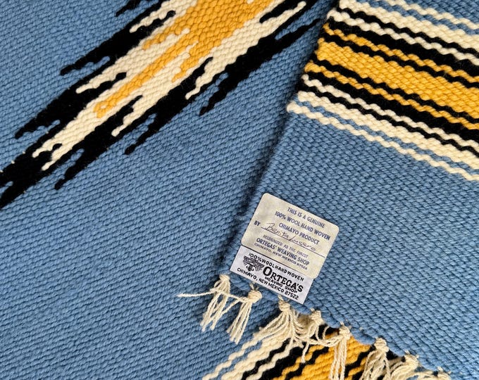 Signed Chimayo Saddle Blanket Weaving Vintage Ortegas Weaving Shop NM Blue White Yellow Hand Woven Wool Southwest Western Home Decor