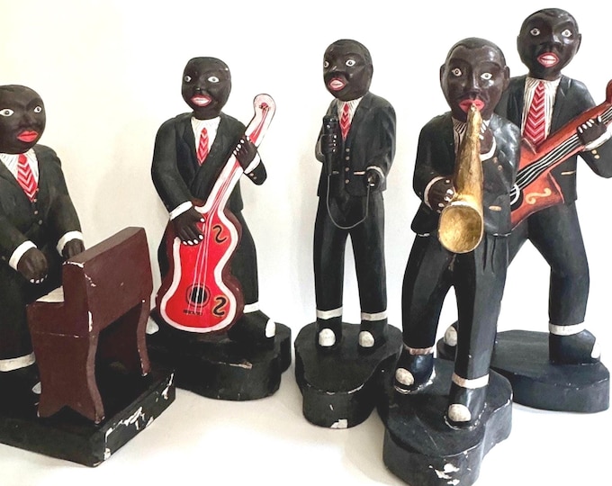 Large African American Folk Art Mid Century Wood Carving Vintage Hand Painted Music Jazz Band Set Saxophone Base Piano Singer Black Art