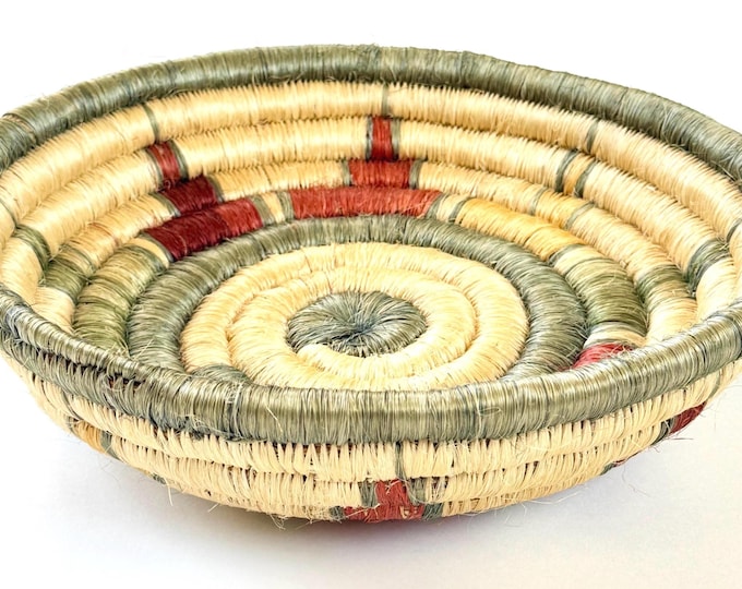 Vintage Kenyan Coil Basket Handwoven African 13" Polychrome Basket Bowl Boho Ethnic Home Decor