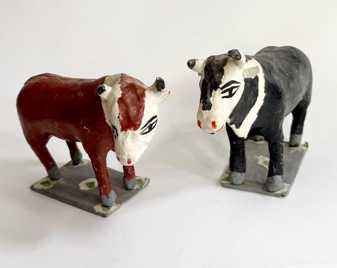 Folk Art Cow Figurines Short Horn Bull Vintage Handmade Hand Painted Paper Animal Figure Sculpture Western Southwest Folk Home Decor
