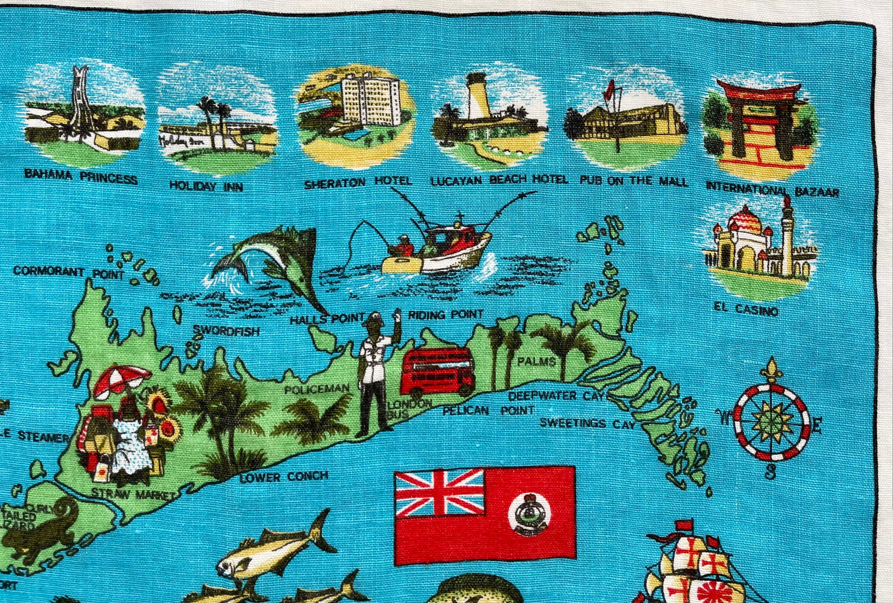 Bahamas Irish Linen Tea Towel Vintage Textile Dish Towel Turquoise Blue