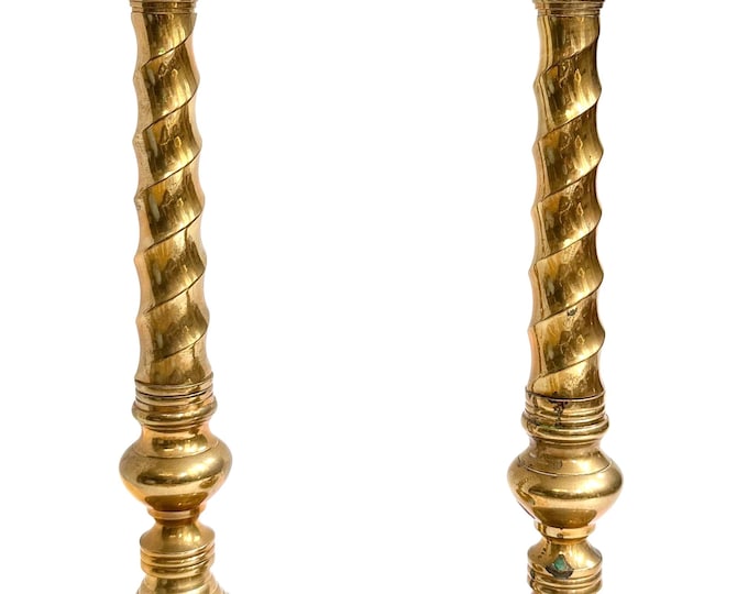 Tall Vintage Brass Candlestick Holder Pair 16" Swirl Twist Design