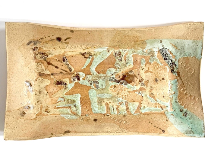 Vintage Studio Pottery Tray Neutral Beige Aqua Abstract Glaze