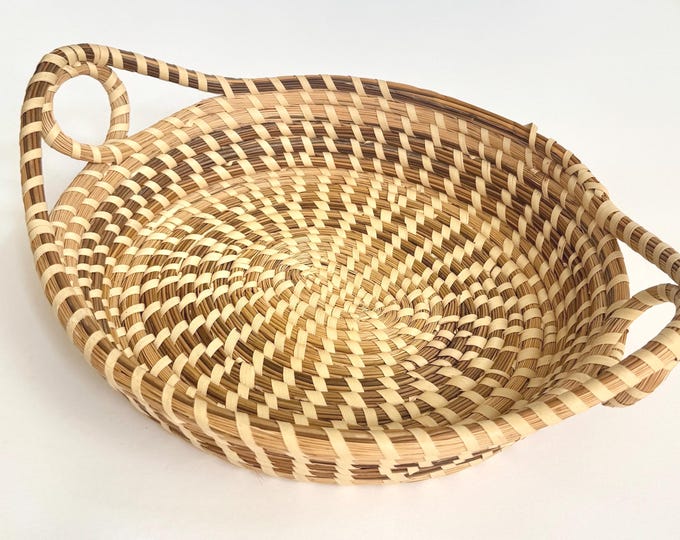 Vintage Charleston Sweetgrass Basket Two Looped Handles Handmade Handwoven Southern American Gullah Folk Art Bread Basket Fruit Basket