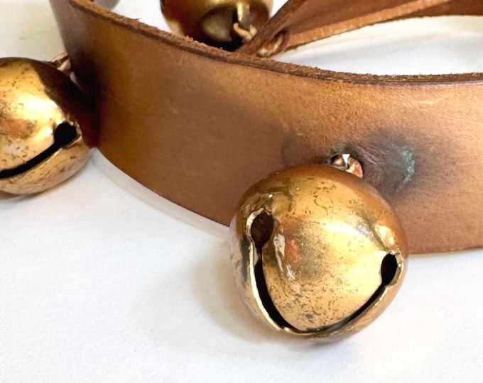 Vintage Brass Bells Mounted on a Brown Cowhide Leather Strap Brass Ring Ends Holiday Christmas Decor Jingle Bells Sleigh Bells