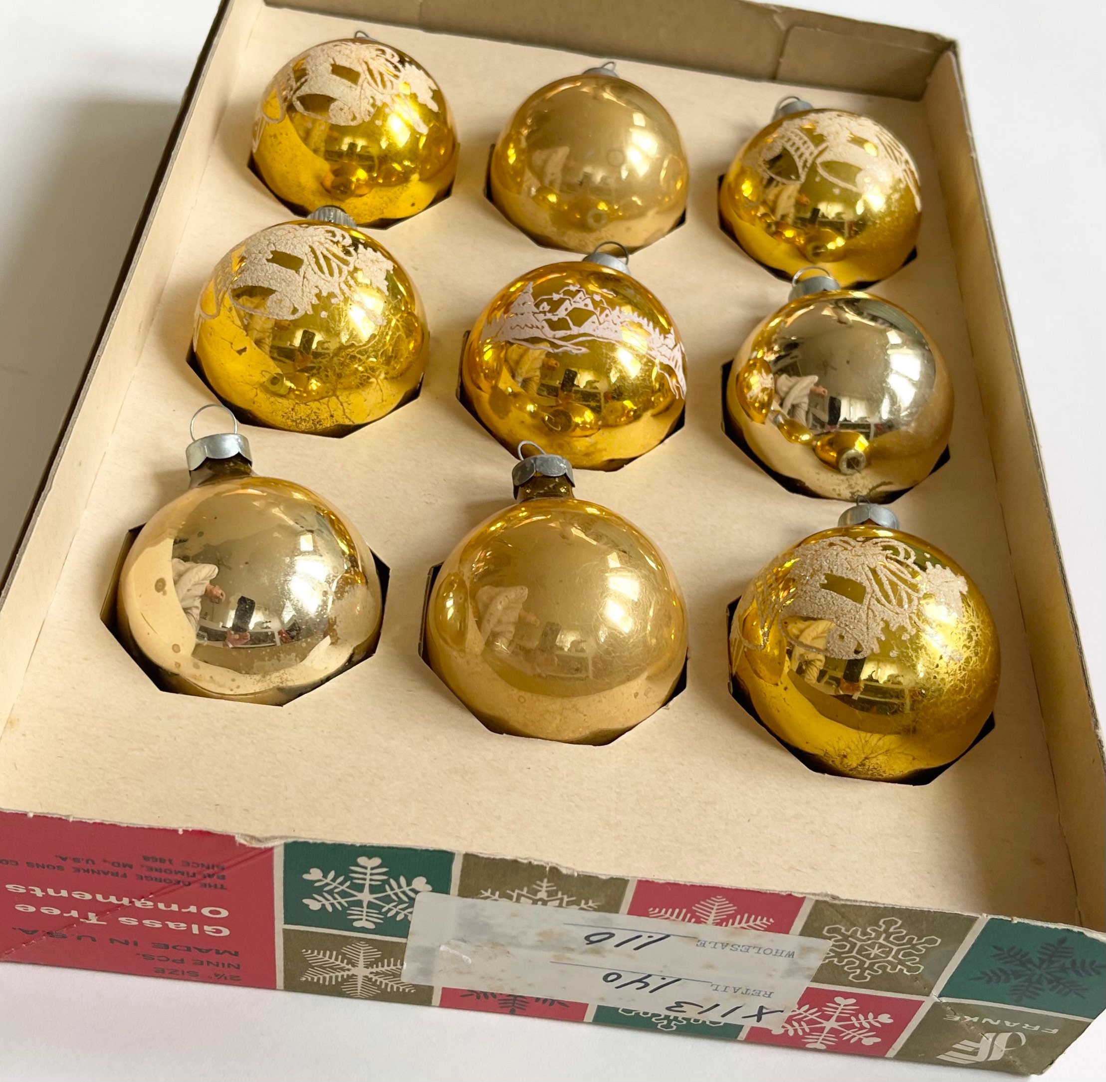 Retro Gold Christmas Ornaments Original Box Gold Glass Balls Bulbs Lot of 3 9 Ornaments Made in