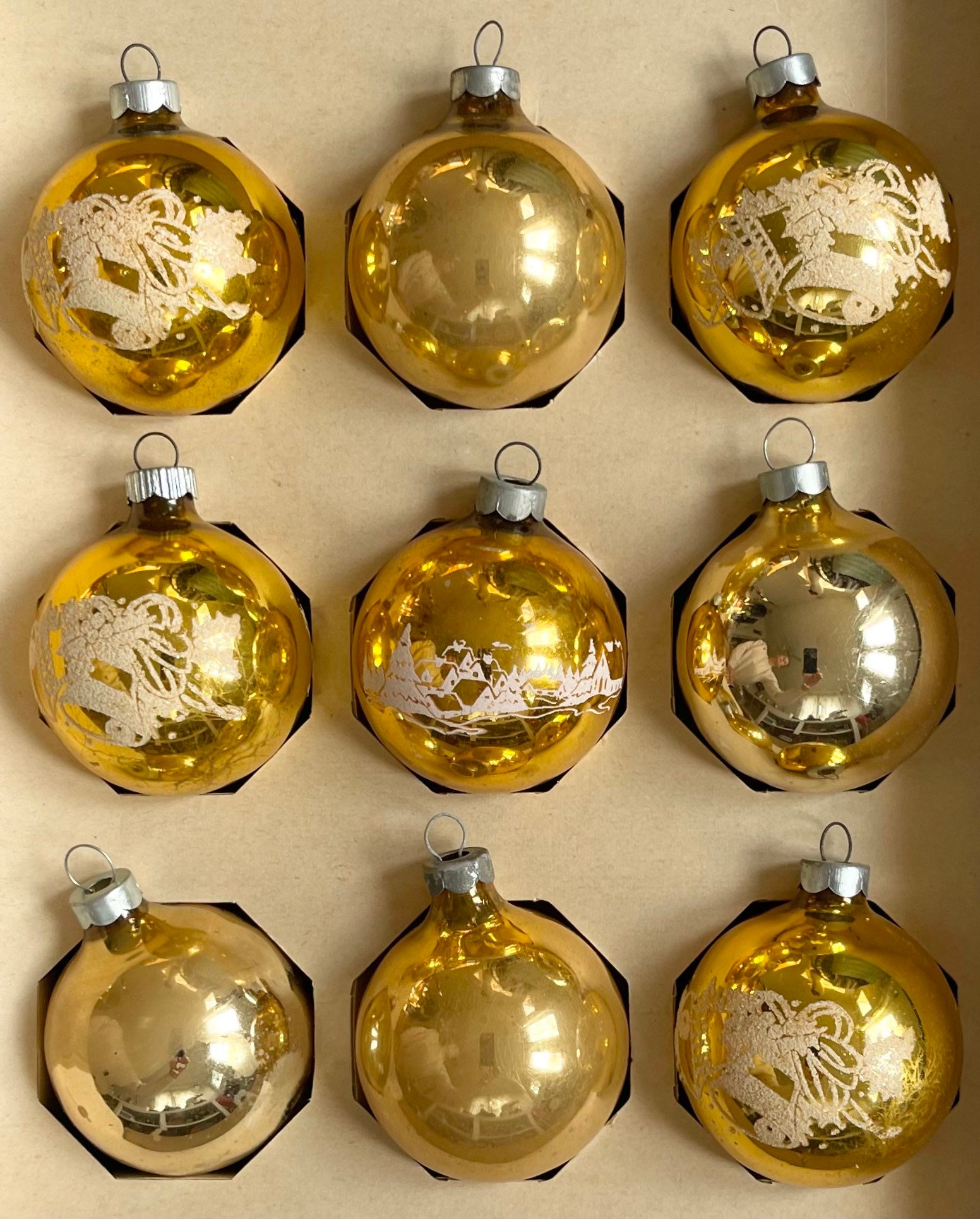 Retro Gold Christmas Ornaments Original Box Gold Glass Balls Bulbs Lot of 3 9 Ornaments Made in