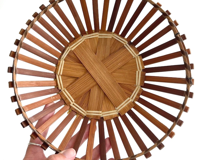 Mid Century Vintage Round Wood Basket Bowl Scandinavian Danish Design