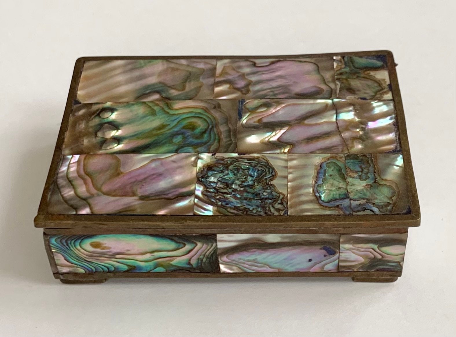 Small Abalone Shell Box Hinged Lid Vintage Inlay over Brass Tone Alpaca