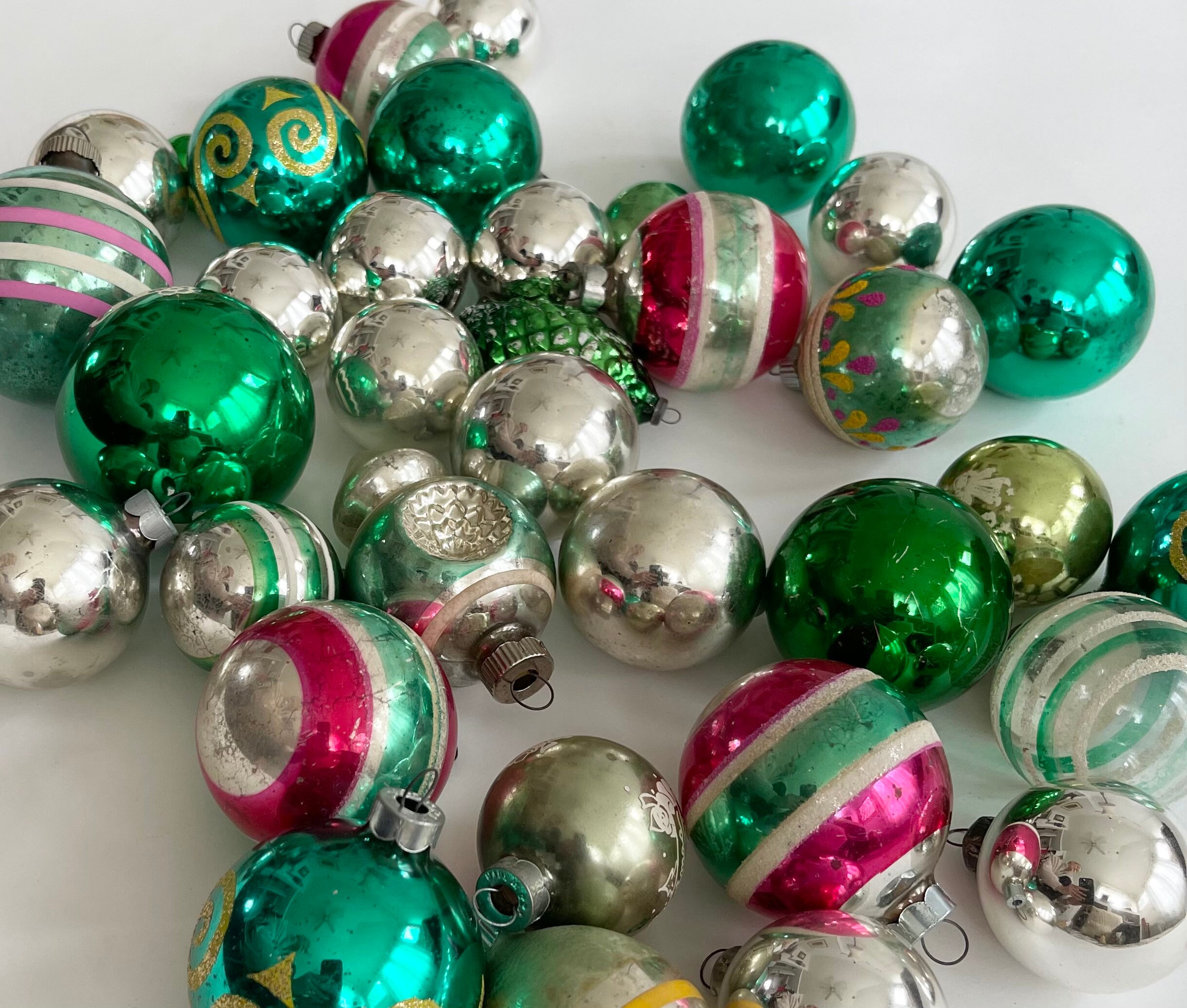 Vintage Green Glass Ornaments Mixed Lot of 25 Green Silver Tone