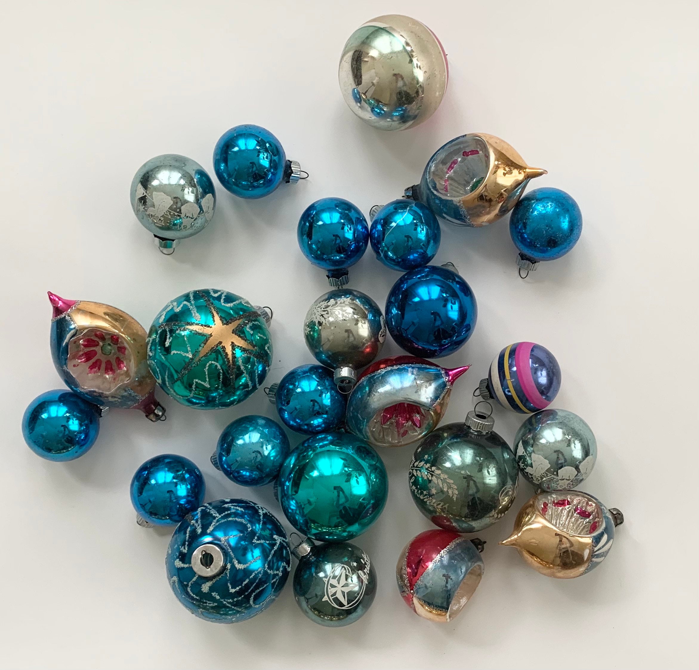 Vintage Blue Glass Ornaments Mixed Lot of 24 Blue Aqua Turquoise Silver