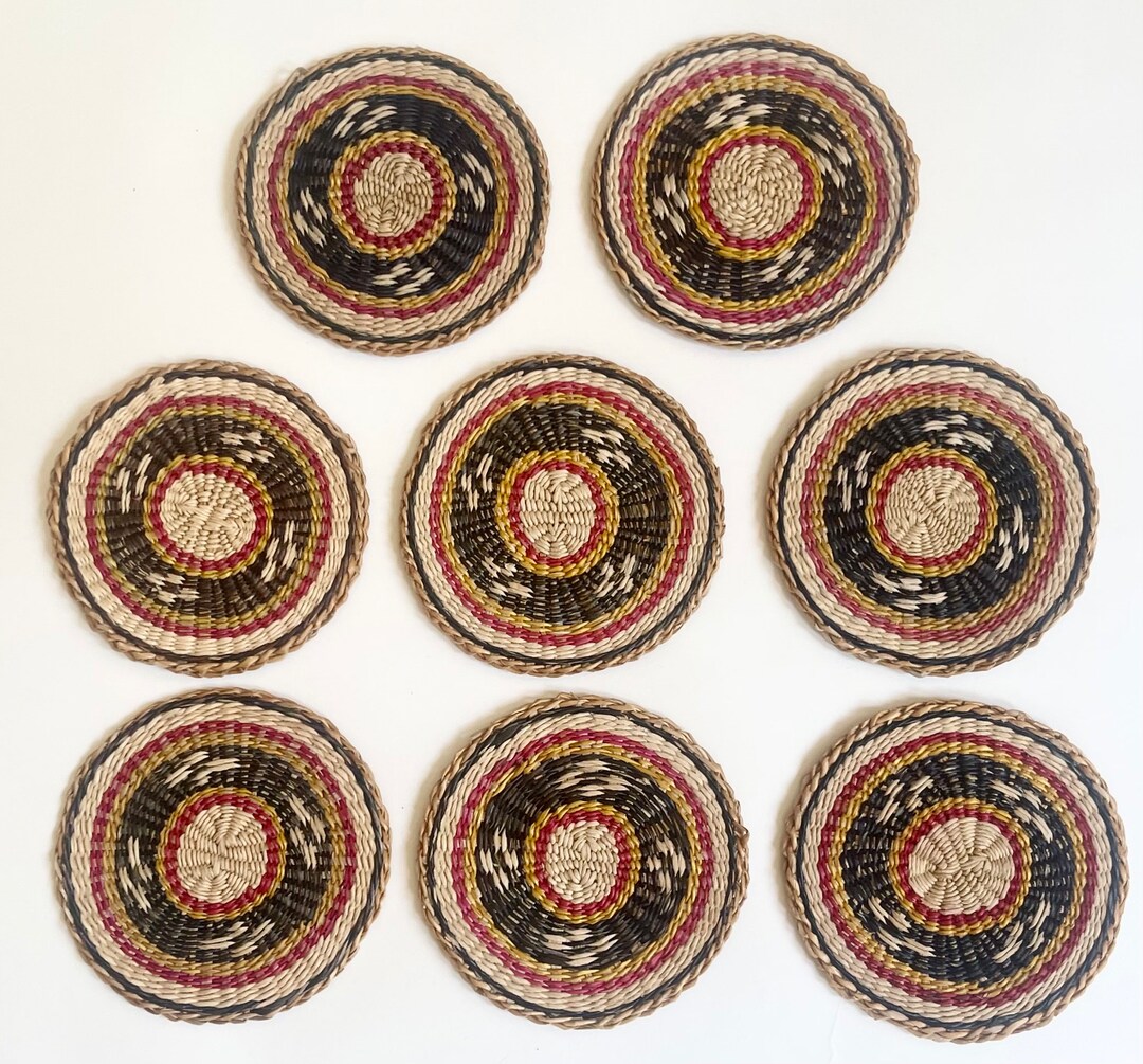 70s Straw Coaster Set of 8 Coasters Vintage 70s Woven Straw Etsy