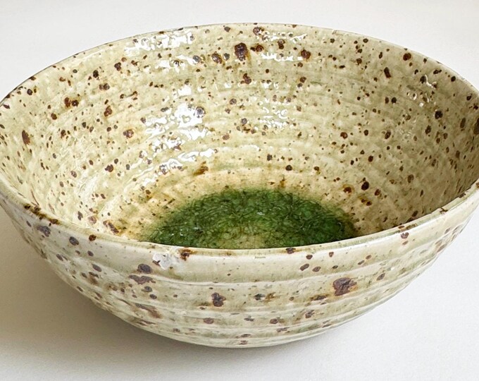Speckled Beige Pottery Bowl Vintage Studio Pottery Brown Spotted Mottled Translucent Green Glazed Base Large Decorative Serving Japanese