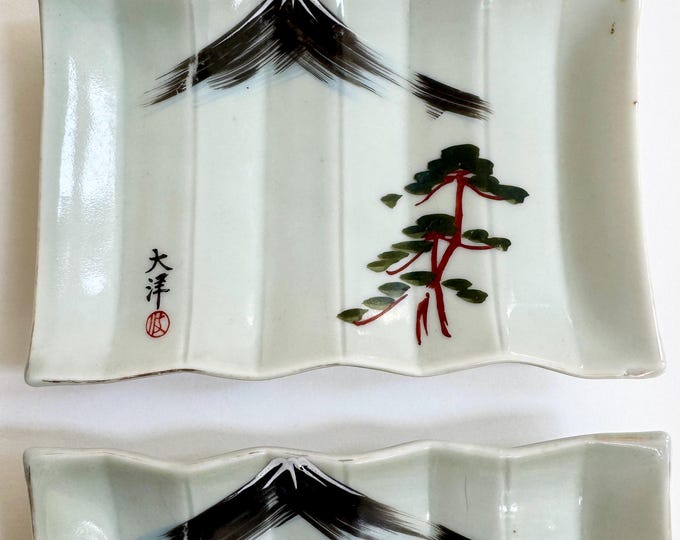 Vintage Celadon Sushi Sushi Plate Set of 2 Japanese Mount Fuji Tree Pale Aqua Blue Green Seafoam Jade Greenware Ceramic Sushi Date Night