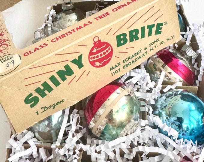 Shiny Brite Christmas Ornaments Silver Blue Bell Striped Glass Bulbs Set of 12