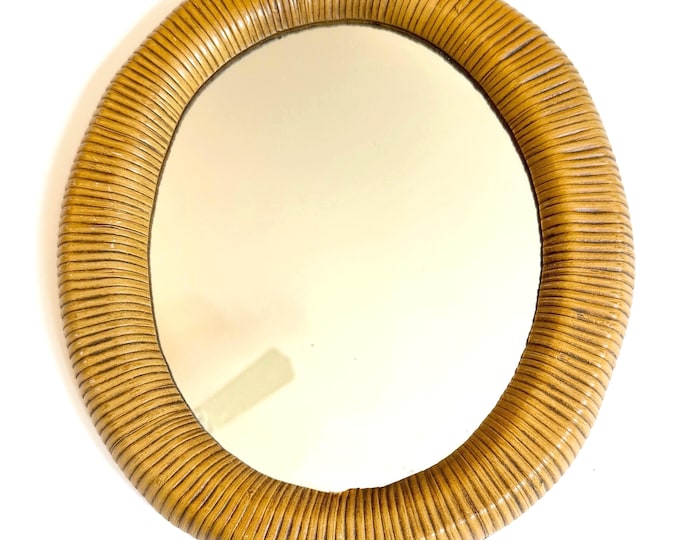 Vintage 70s Lucid Lines Rattan Table Mirror