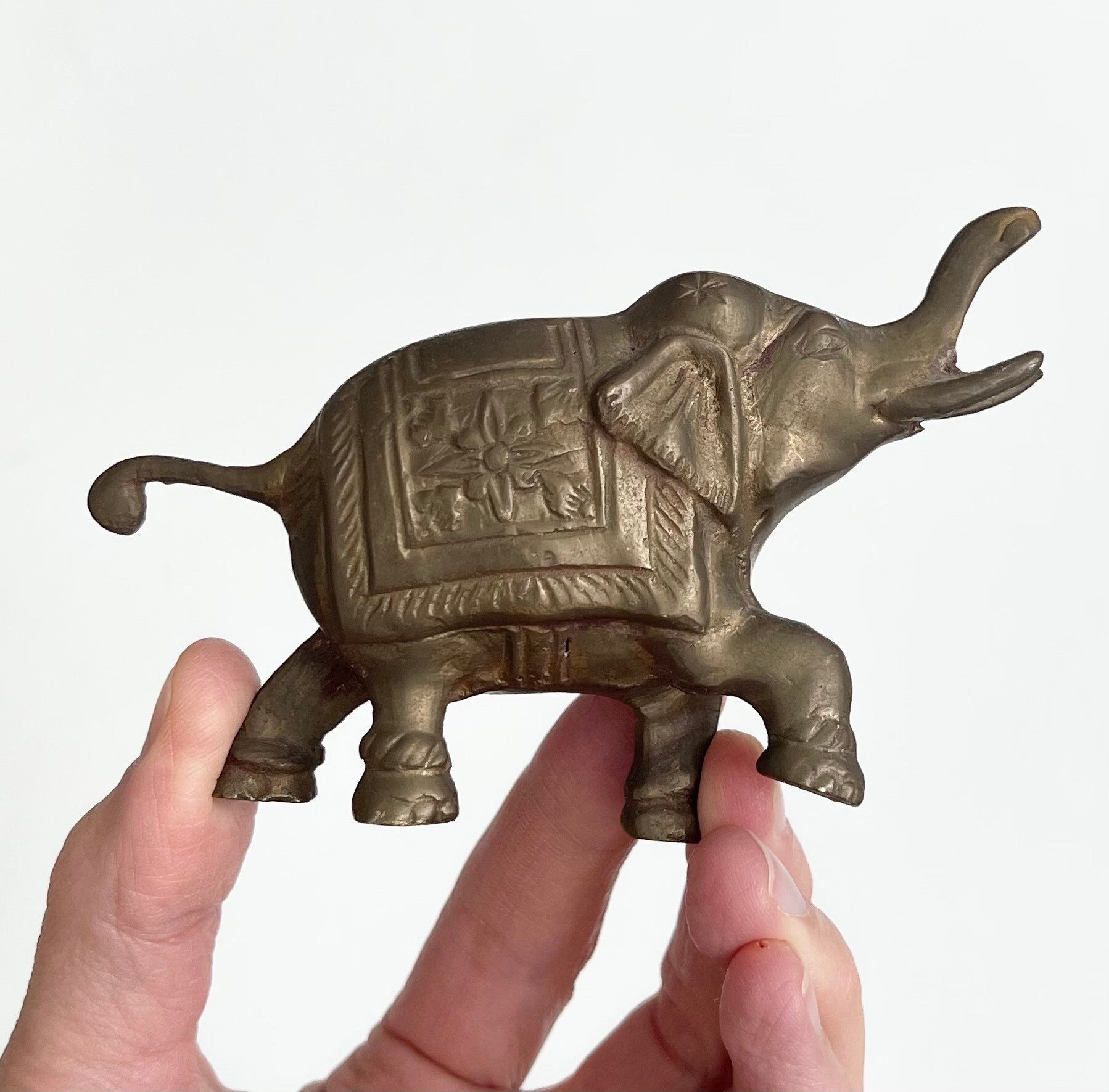 Small Brass Elephant Figurine Statuette Vintage Indian Brass Animal Boho Eclectic Ethnic Home