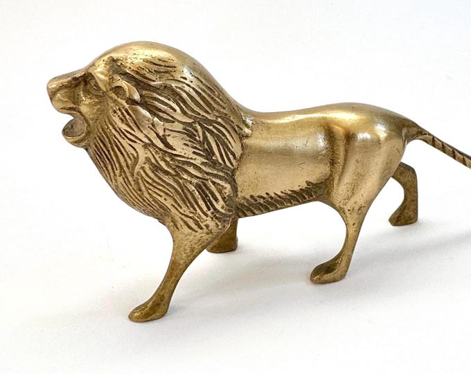 Vintage Brass Lion Figurine Mid Century Feline Animal Figure &"