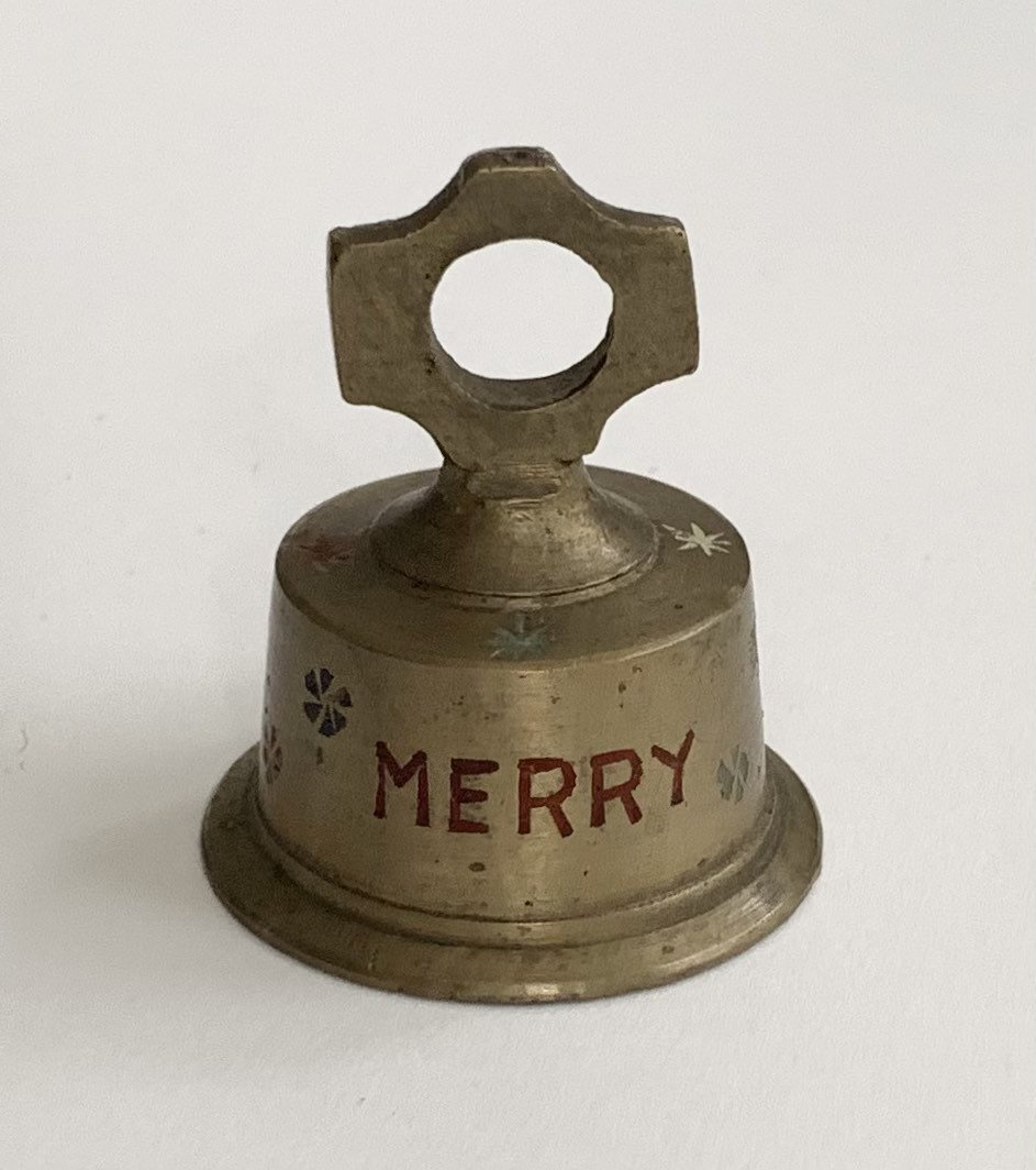 Vintage Brass Christmas Bell Etched Merry XMAS Aged Old Patina